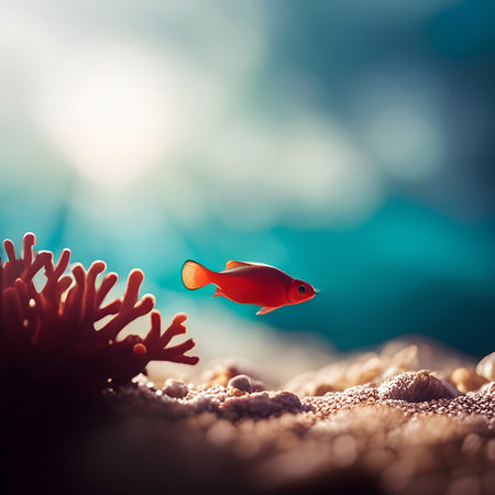 Close up of coral and small fish under the sea, created with generative AI technologyの素材