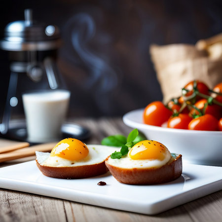 Close up of fried eggs in a pan with kitchen background, created with generative AI technologyの素材