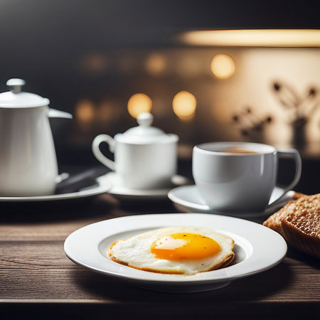 Close up of fried eggs and coffee with kitchen background, created with generative AI technologyの素材