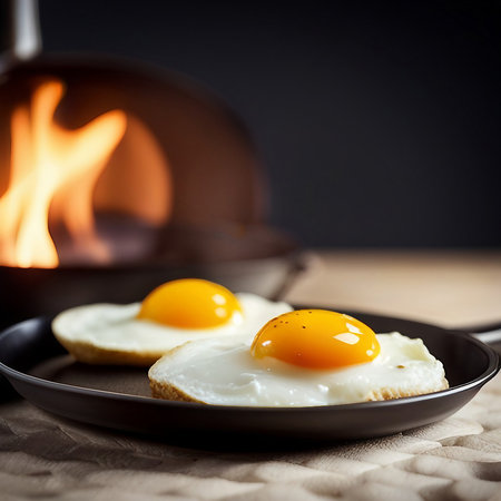 Close up of fried eggs in a pan with kitchen background, created with generative AI technologyの素材