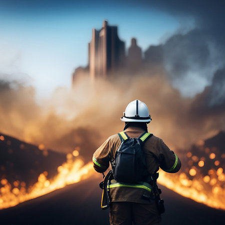 Backlit of a fireman with fire background, created with generative AI technologyの素材