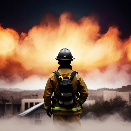 Backlit of a fireman with fire background, created with generative AI technologyの素材