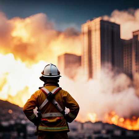 Backlit of a fireman with fire background, created with generative AI technologyの素材