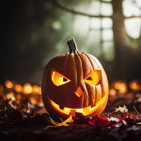 Close up of pumpkin jack o lantern halloween decoration, created with generative AI technologyの素材