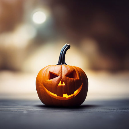 Close up of pumpkin jack o lantern halloween decoration, created with generative AI technologyの素材