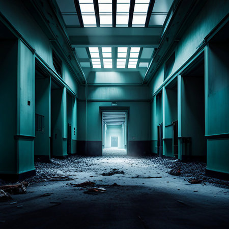Abandoned asylum with eerie lights and suspenseful atmosphere, created with generative AI technologyの素材