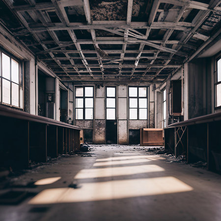 Abandoned empty warehouse and garage, created with generative AI technologyの素材