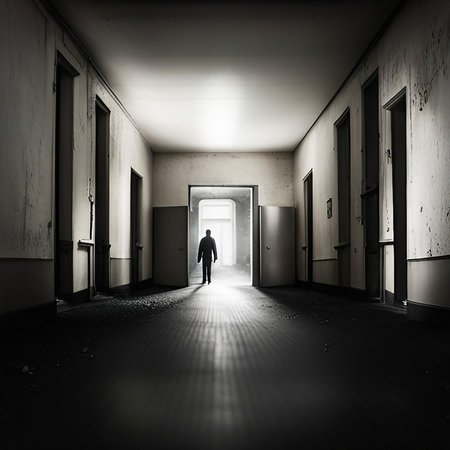 Abandoned asylum with eerie lights and suspenseful atmosphere, created with generative AI technologyの素材