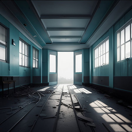 Abandoned asylum with eerie lights and suspenseful atmosphere, created with generative AI technologyの素材