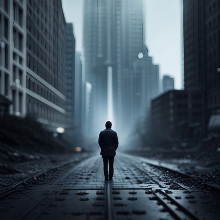 Back view of a man with abandoned city background, created with generative AI technologyの素材