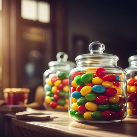 Candy shop with jars of colorful candy, created with generative AIの素材