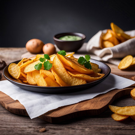 Close up potato chips in plate, created with generative AIの素材