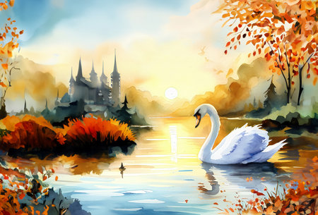 Watercolor animal template background swan with beautiful landscape, created with generative AIの素材