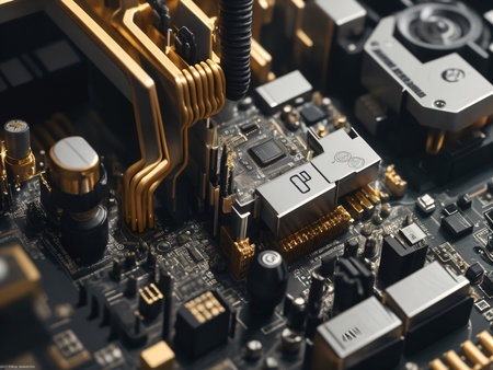Photo realistic close up of electric circuit motherboardの素材