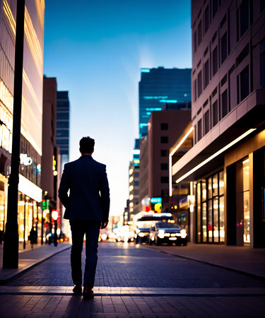 Backlit of a man walking on the city streetの素材