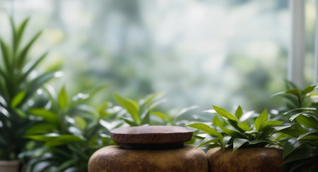 Botanic garden nature plant green leaf and stone rock plate template backgroundの素材