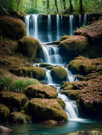 Beautiful nature landscape view of creek waterfall in the forestの素材