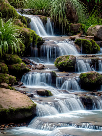 Beautiful nature landscape view of creek waterfall in the forestの素材