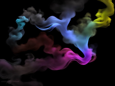 Photograph of a singular flowing colorful smoke stream in black backgroundの素材