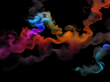 Photograph of a singular flowing colorful smoke stream in black backgroundの素材