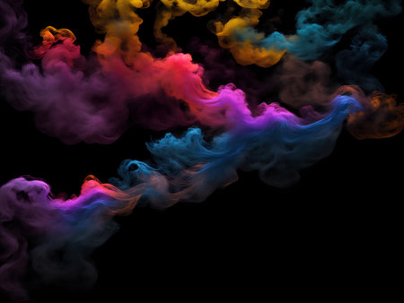 Photograph of a singular flowing colorful smoke stream in black backgroundの素材