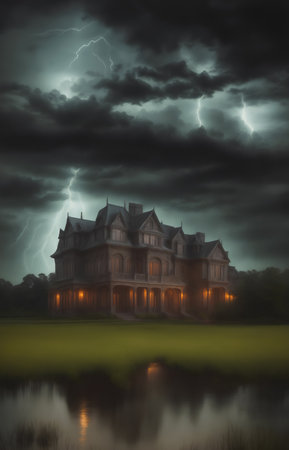 Cloudy thunder lighting dark sky and retro vintage villa by lakesideの素材