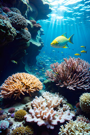 Secret ocean underwater world teeming with colorful coral reefsの素材