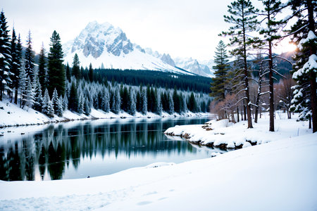 Realistic photo landscape of winter snow forest mountain and lakeの素材