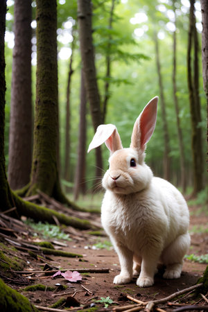 Close up realistic photo of a rabbit in the forest, blurry backgroundの素材