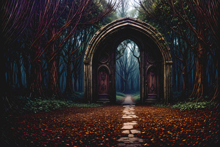 An enigmatic door awaits at the end of a path, adorned with overgrown plant vinesの素材