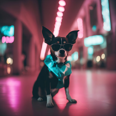 Shot of Vaporwave fashion dog wearing sunglasses in miamiの素材