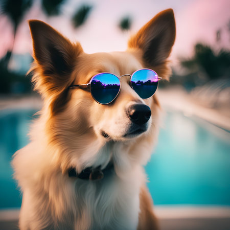 Shot of Vaporwave fashion dog wearing sunglasses in miamiの素材
