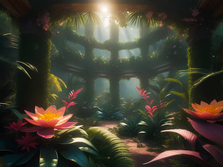 Landscape illustration of jungle with flowersの素材
