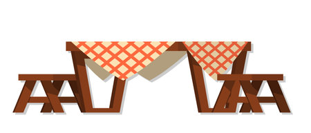 Wood dinning table with tablecloth and chairs cartoon illustrationのイラスト素材
