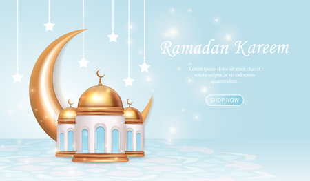 3D Islamic traditional dome architecture building and crescent moon. suitable for Ramadan, Raya Hari, Eid al Adha Islamic holidayのイラスト素材