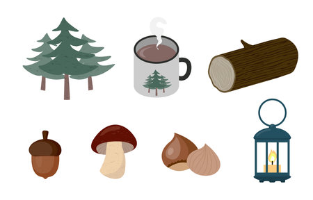 Forest themed camping object colletion of tree trunk mushroom chestnut acorn hot chocolate camping lampのイラスト素材