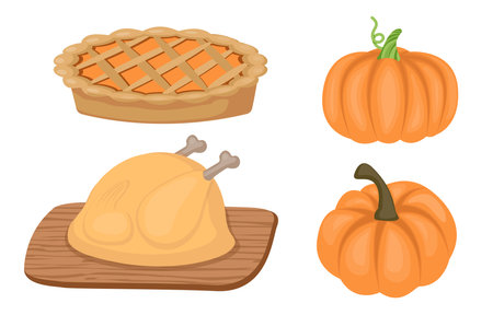 Autumn themed food collection of vegetable pumpkin chicken meat and dessert pumpkin pieのイラスト素材