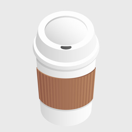 A detailed illustration of a disposable coffee cup with a white lid and a textured brown sleeveのイラスト素材
