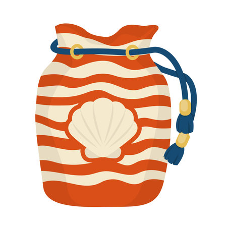 Striped Beach Pouch with Shell Design and Drawstring Vector Illustration Imageのイラスト素材