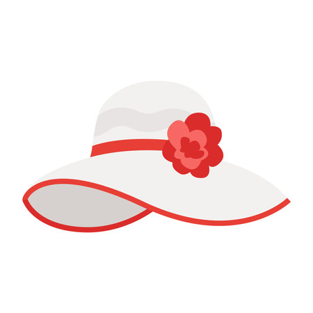 Elegant White Sun Hat with Red Trim and Flower Decoration Vector Illustration Imageのイラスト素材