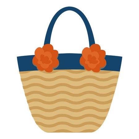 Woven Beach Bag with Blue Strap and Orange Flowers Vector Illustration Imageのイラスト素材