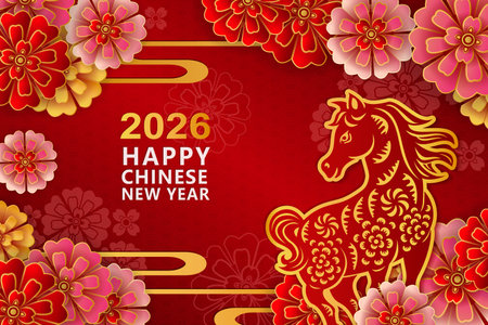 Happy Chinese new year of golden relief horse and round peony flower curve waveのイラスト素材