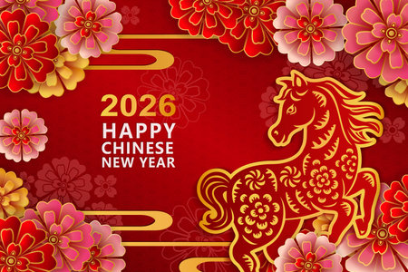 Happy Chinese new year of golden relief horse and round peony flower curve waveのイラスト素材