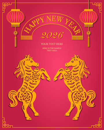 Happy Chinese new year of horse relief lantern and ribbon tagのイラスト素材