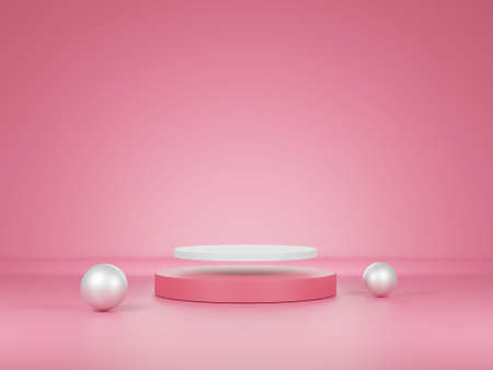 Pink empty studio stand for product advertisement product presentations, mockups, cosmetic product displays, pedestals, pedestals or pedestals, 3d rendering.の写真素材