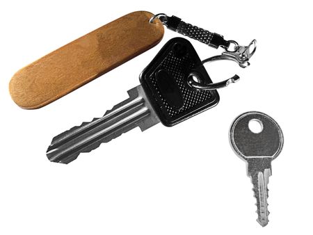 Two keys with open keychain isolated on white background