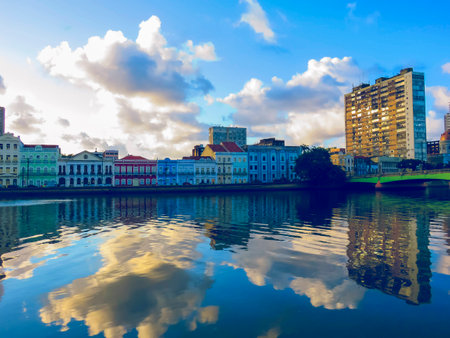 View of city with river in frontの写真素材