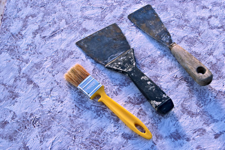 putty and repair tools spatulas and brushの写真素材