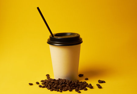 a glass of take away coffee on a yellow backgroundの写真素材