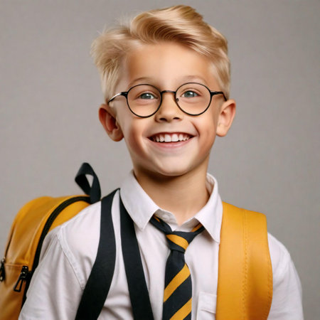 Portrait of a funny smart blond schoolboy with glassesの素材